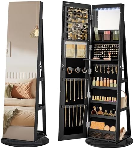SONGMICS 6 LEDs Mirror Jewelry Cabinet Organizer, 360° Swivel, Lockable by SONGMICSbySONGMICSHOME