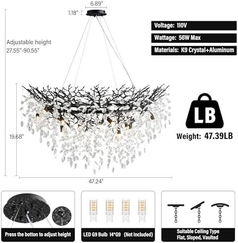 YUYI 47" Black Crystal Chandelier, 14-Light Tree Branch Chandelier, Modern Round Chandeliers for Dining Room, Living Room, Foyer, Entryway, Kitchen, Bedroom, Luxury K9 Crystal Raindrop Fixture - Image 4