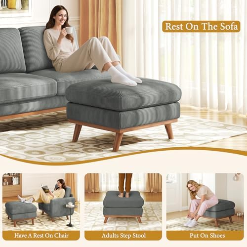 Vesgantti Large Ottoman for Modular Sofa, 29.5" Corduroy Ottoman with Spring Cushion, Rectangle Foot Rest for Couch, Entrance Footstool with Wood Legs, Footstool for Living Room, Bedroom, Dark Gray - Image 6