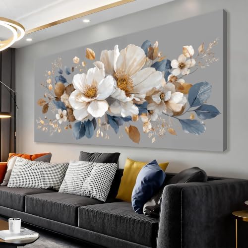Neutral Gray White Floral Canvas Wall Art Decor for Living Room 24×48 by TQJYILUFAART