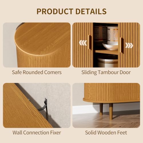 71" Sideboard Buffet Cabinet with Storage,Large Credenza with Sliding Doors and1 Drawer,Mid Century Modern Coffee Bar Cabinet with Adjustable Shelves for Dining Room,Kitchen,Living Room(Yellow Walnut) - Image 3