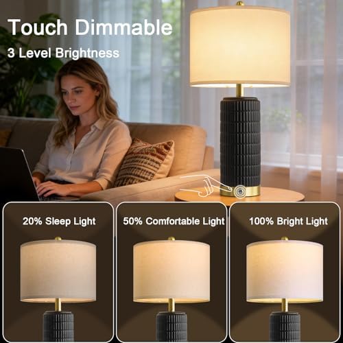 PoKat Ceramic Table Lamps Set of 2 for Living Room, 25'' Modern Touch Bedside Lamps for Bedroom with 2 USB Ports, Farmhouse Black Matte-Textured Nightstand Lamps Office Home Decor (Bulbs Included) - Image 2
