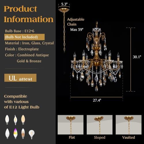 Antique Gold Crystal Chandelier 6-Light Candle Style Pendant Light - Image 5