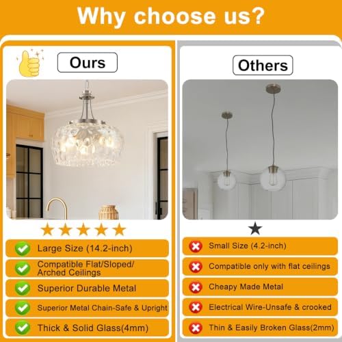 Modern Pendant Lights Kitchen Island, 3-Light Brushed Nickel Pendant Light Fixtures with 14.2" Clear Hammered Glass Shade, Hanging Pendant Lights Fixture for Kitchen Island Dining Room Foyer Entryway - Image 2