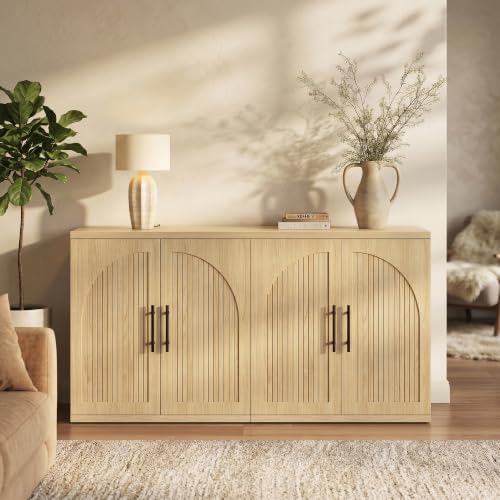 Jocoevol 63" Fluted Oak Buffet Cabinet Sideboard with Storage, Large Credenza with 4 Doors, Wood Mid Century Modern Sideboard for Kitchen and Living Room (63" W*31.5" H*15.8" D) - Image 3