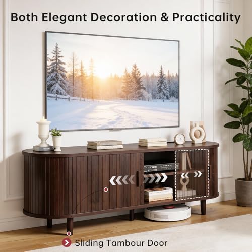 58" Mid Century Modern TV Stand, Wood TV Consoles with Sliding Doors and Power Outlet, Entertainment Center with Adjustable Shelves, Fluted TV Stands for Living Room, Walnut - Image 4