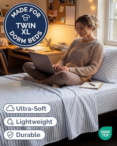 Twin XL 3 Piece Sheet Set - College Dorm Room Essentials - Blue Stripes - Image 2