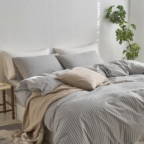 MooMee Striped Duvet Cover Set 100% Washed Cotton Linen Like King - Image 4