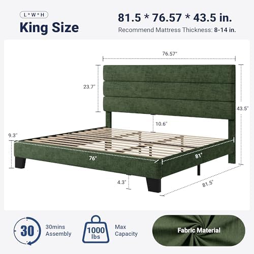Allewie King Size Platform Bed Frame with Velvet Upholstered Headboard and Wooden Slats Support, Fully Upholstered Mattress Foundation/No Box Spring Needed/Easy Assembly, Green - Image 2