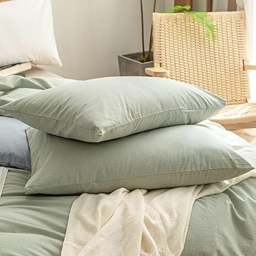 BESTOUCH Cotton Solid Duvet Cover Set Linen Feel Sage Green Oversized King - Image 7