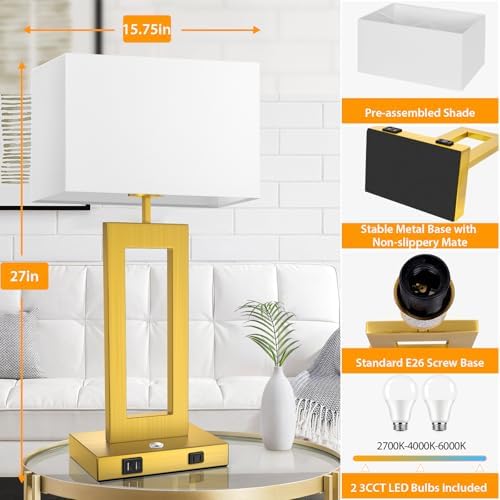 Table Lamps for Bedrooms Set of 2, 27.2’’ Super Tall Modern Gold Lamps for Living Room Nightstand End Tables, Button Touch Control Bedside Lamps with 2 USB Ports, 3 Color Temp. E26 Bulbs Included - Image 2