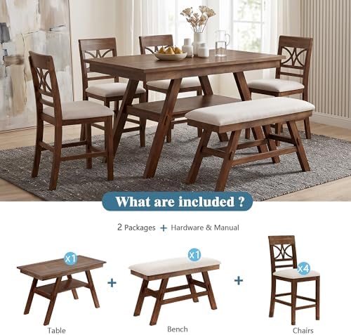 Heavy Solid Wood 6-Piece Counter Height Dining Table Set, Farmhouse Rustic Kitchen Dining Room Table Set with Padded 4 Chairs and Bench, 60 In Triangular Table with Storage Shelf (Walnut-T) - Image 7