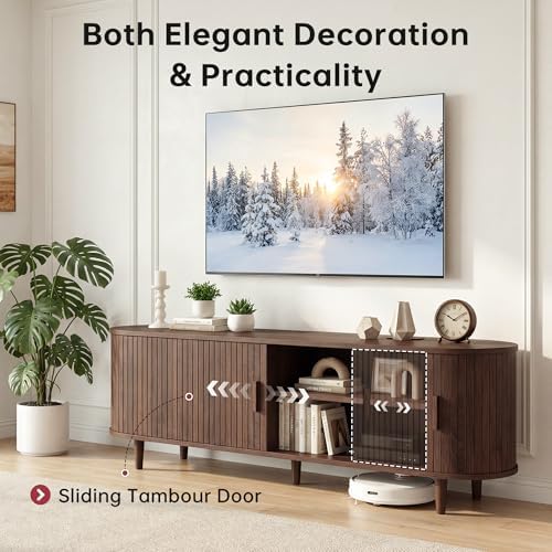 65" Mid Century Modern TV Stand, Wood TV Consoles with Sliding Doors and Power Outlet, Fluted Entertainment Center with Adjustable Shelves, Media Console for Living Room, Walnut - Image 4