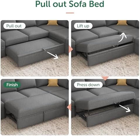 HONBAY Modular Sectional Sleeper Sofa Bed, Sectional Couch with Pull Out Bed U Shaped Modular Couch with Storage Ottoman for Living Room, Dark Grey - Image 5