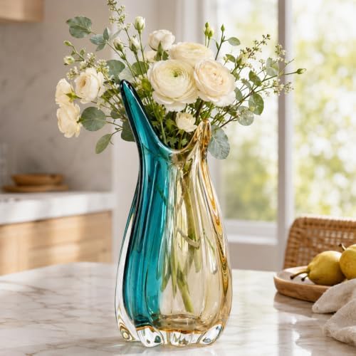 Hand Blown Teal Amber Colorblock Glass Vase, Modern Home Table Centerpiece - Image 7