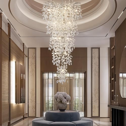 118" Large Crystal Chandelier for High Ceiling, 28-Light Silver Tree Branch Chandelier for High Ceilings, Staircase, Foyer, Entryway, Living Room, Luxury Long K9 Crystal Raindrop Tiered Chandeliers by YUYILIGHTING