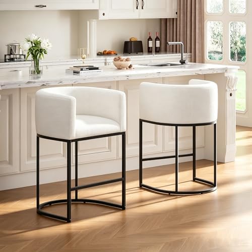 26" H Counter Height Bar Stools Set of 2, Modern Barrel Counter Stools with Backrest and Arms, Linen Fabric Upholstered Accent Barstools for Kitchen Island,Support 450 LBS (White) by VATROS