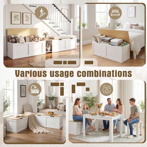 Grepatio 63" L Shaped Storage Bench, Breakfast Nook Bench with Hidden Storage, Wooden Corner Dining Benches Seating, Breakfast Nook Table Set for Entryway, Dining Room, Kitchen (Oak and White) - Image 6