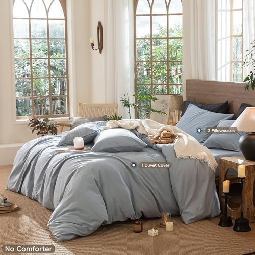 MooMee Wavy Striped Duvet Cover Set 100% Washed Cotton Linen Like Textured Breathable Durable Soft Comfy (Cornflower Blue, King 104"x90") - Image 2