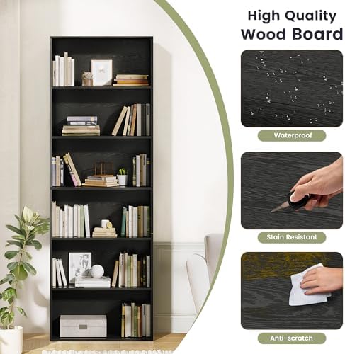 GRUSIGN 71" Tall 6-Tier Bookshelf, Large Open Display Bookcase with Ample Storage, Floor Standing Book Shelf for Living Room, Home Office, Bed Room, Black - Image 5
