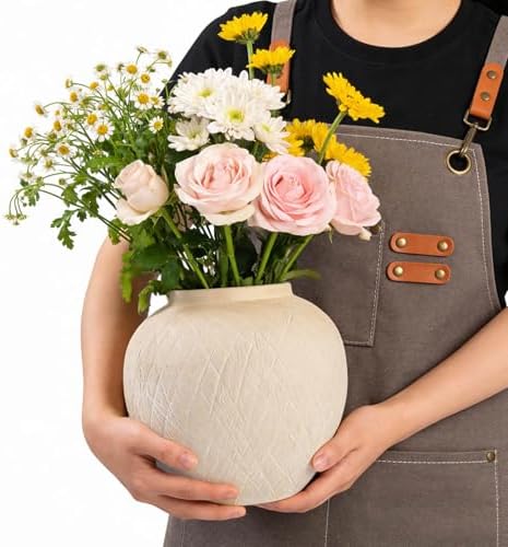 Rustic Ceramic Vintage Farmhouse Vase for Decor (Large Carved Beige) - Image 4