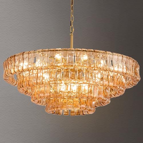 35in Large Chandelier Gold, Modern Dining Room Light Fixtures, 4 Layer Luxury Glass Chandelier 18 Light Chandeliers for Dining Room Kitchen Island Living Room (Amber Glass) by Unknown