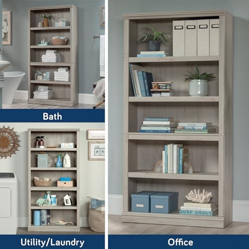 Sauder 5 Tier Book Shelf Wooden Bookcase Multipurpose Bookshelf for Home Office, Living Room, in Chalked Chestnut - Image 5