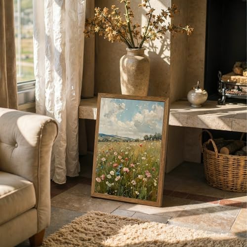 AVECCO Vintage Rustic Wildflower Field Wall Art Canvas Framed 16x24 inch - Image 4
