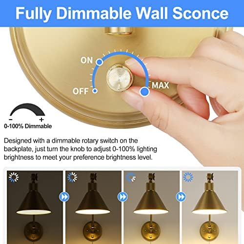 TRLIFE Wall Sconces Plug in, Dimmable Wall Sconces Brushed Brass Swing Arm Wall Lights Plug in Wall Mounted Light Industrial Wall Lights with 6FT Plug in Cord, E26 Base, UL Listed(Two Arms, 2 Pack) - Image 3