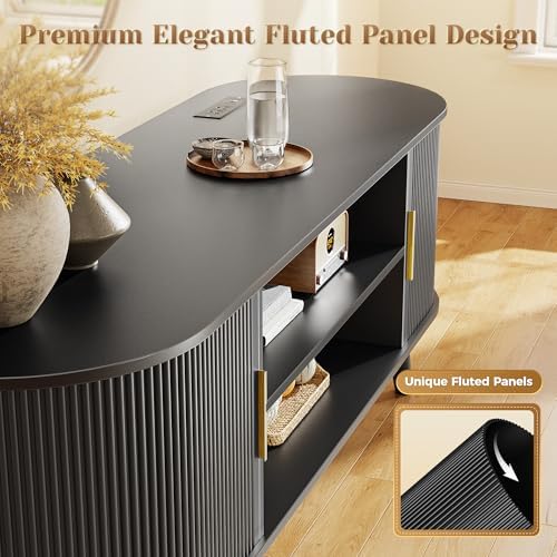 PRAISUN 54 Inch Fluted TV Stand for TVs up to 55 Inch, TV Media Console with Power Outlets and USB-C Port, Entertainment Center with Storage, Curved Sliding Doors, Adjustable Shelf, Black - Image 7