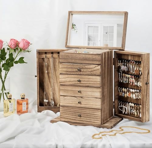Emfogo Wooden Jewelry Box for Women, 6-Tier Large Jewelry Organizer Boxes with Mirror Rustic Solid Wood jewlery Storage Display for Rings Earrings Necklaces Bracelets watches(Carbonized Brown) - Image 6