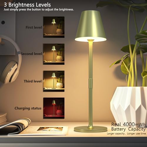 Timjorman 2-Pack Cordless Table Lamps - 5000mAh Rechargeable Battery Operated Desk Lamp, 3-Level Dimmable LED Night Light for Bedroom, Dining, Restaurant - Metal Design (Champagne Gold 2Pack) - Image 2