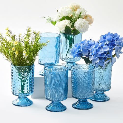 6 Pcs (H:7" W:4") Embossed Flower Vase Pedestal Glass Vase, Blue by Unknown