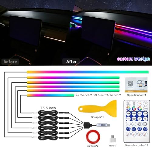 Dreamcolor Acrylic Interior Car LED Strip Light with USB/Type C, RGB 6 in 1 with 179.24 Inch LEDs Strip, Dynamic Chasing Music Sync Neon Ambient Lighting Kits - Image 2