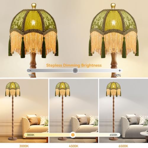 AHDWDW Vintage Floor Lamp for Living Room Bedroom,Victorian Floor Lamps with Remote,Wood Standing Tall Lamp with Green Tassels Velvet Lampshade,Fringe Dimmable Floor Lamp for Corner Reading Decor - Image 2