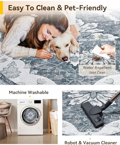 RELEANY Washable Area Rug, Round 10ft, Grey/White/Beige - Image 4