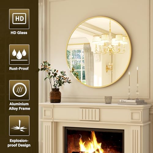 XRAMFY 20 Inch Round Mirror - Circle Mirrors for Bathroom, Entryway and Living Room Wall Decor, Modern Hanging Vanity Mirror, Matte Gold Circle Decorative Wall Mirror - Image 3