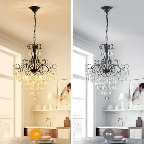 WUZUPS Crystal Chandelier 5-Light Pendant Ceiling Light Modern Lighting Fixture for Dining Room Hallway Bedroom Kitchen Bathroom, H 22.4" x W 18.3", E12 Base, Black - Image 4