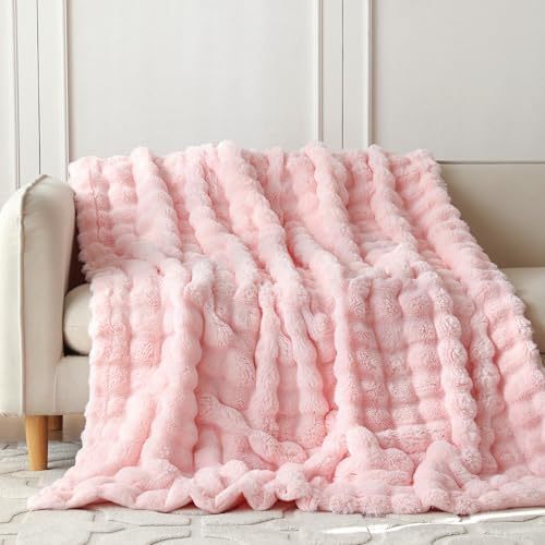 COOVA Soft Bubble Faux Fur Throw Blanket, 60"x80", Light Pink - Image 2