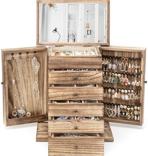 Emfogo Wooden Jewelry Box for Women, 6-Tier Large Jewelry Organizer Boxes with Mirror Rustic Solid Wood jewlery Storage Display for Rings Earrings Necklaces Bracelets watches(Carbonized Brown) by Emfogo