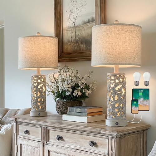 OYEARS Bedside Table Lamps Set of 2 with Night Light, 22'' Distressed Grey by OYEARS