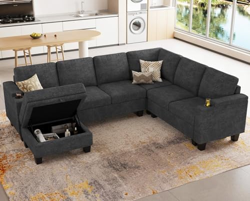 Belffin Chenille Modular Sectional Sofa Convertible L Shaped Corner Couches for Living Room with Storage Armrest with Cup Holder Dark Grey Couch - Image 3