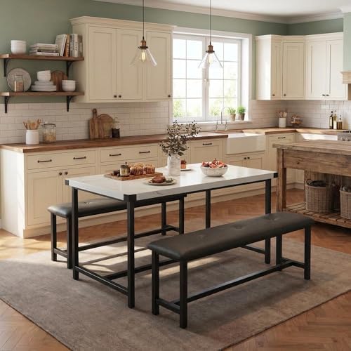 GarveeHome Dining Table Set for 4, Kitchen Table with 2 Upholstered Benches, Wood Kitchen Dining Room Set, for Small Space, Apartment, Home, Dinner, Marble White by GarveeHome