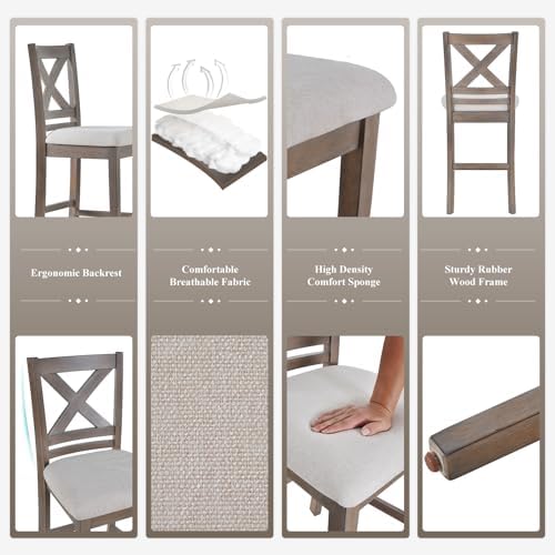 COLAMY Wooden Bar Stools Set of 2, Counter Height Bar Stools, Mid Century Modern Bar Stools with Backs, 25 Inch Upholstered Fabric Wooden Barstools for Kitchen Island Dining Room Bar, Light Brown Wash - Image 5