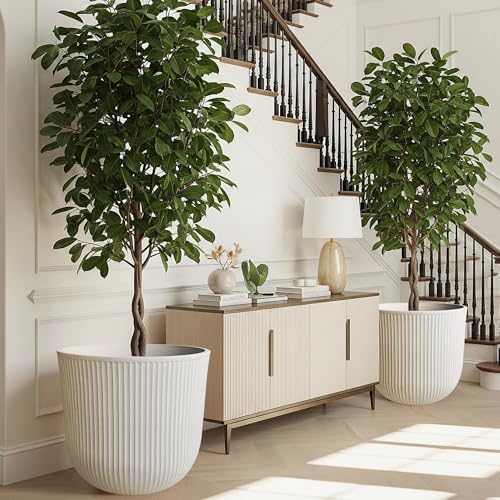Worth Garden Round Large Planter Pot Set of 2-17.5" Dia x 15.5" H - Durable Plastic Beige Plant Tree Pots with Vertical Stripe Textured Finish, Drainage Hole for Indoor, Outdoor, Front Porch, Patio - Image 4