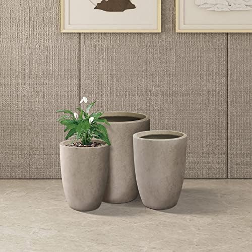 Kante 18.1",20.5",22.4" H Tall Round Concrete Planters Set of 3, Outdoor Indoor Modern Decorative Plant Pots with Drainage Hole & Rubber Plug for Home & Garden Weathered Concrete - Image 6
