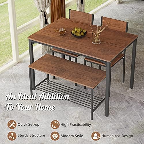 GIANTEX Dining Table Set for 4, 43" Kitchen Table and Chairs, Dining Bench with Metal Frame & Storage Rack, 4-Piece Modern Functional Desk Set for Dinette, Small Space, Apartment, Restaurant, Walnut - Image 3