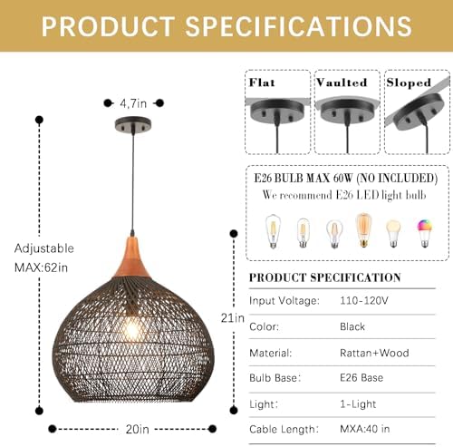 Large Black Rattan Pendant Light, 20" Rattan Chandelier Hand-Woven Wicker Pendant Light Fixtures with Solid Wood, Basket Hanging Lighting for Dining Room Kitchen Island Living Room - Image 3