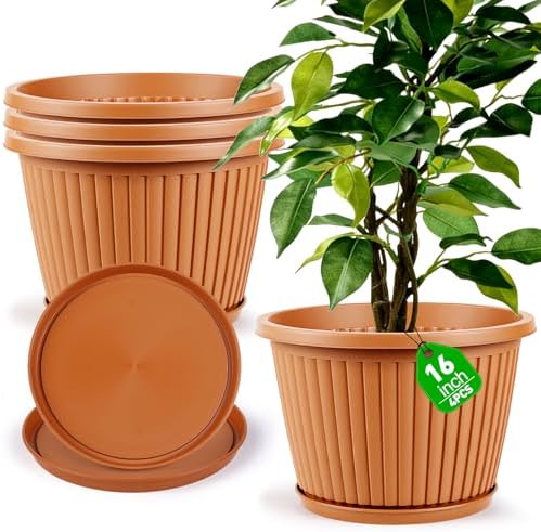 Large-Planter-Indoor-Outdoor Plant Pots, 16 inch 4 Pack Plastic Flower Pots with Saucer And Drainage Holes, Modern Garden Planters For Planting Medium Large Plants, Decorative Resin Garden Pots by Myfeegoin