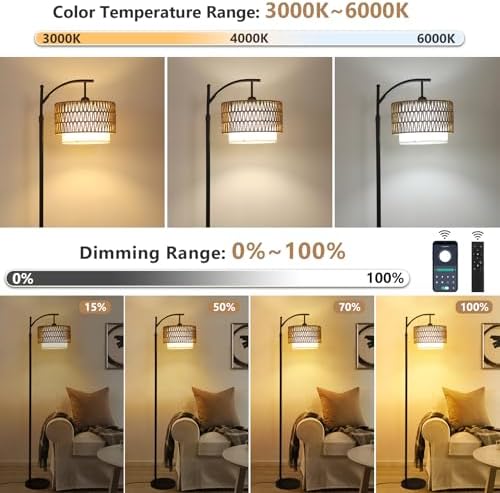Arc Floor Lamp for Living Room with 3 Color Temperatures, Farmhouse Floor Lamps with Remote & Dimmable Bulb, Boho Standing Lamp with Rattan & Fabric Shades, Adjustable Tall Lamp for Bedroom, Office - Image 2